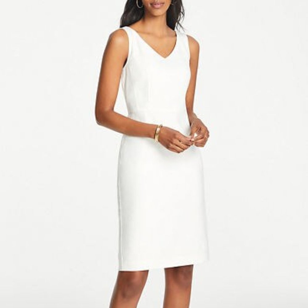 Ann Taylor V-Neck White Dress Linen Herringbone great for summer or wedding